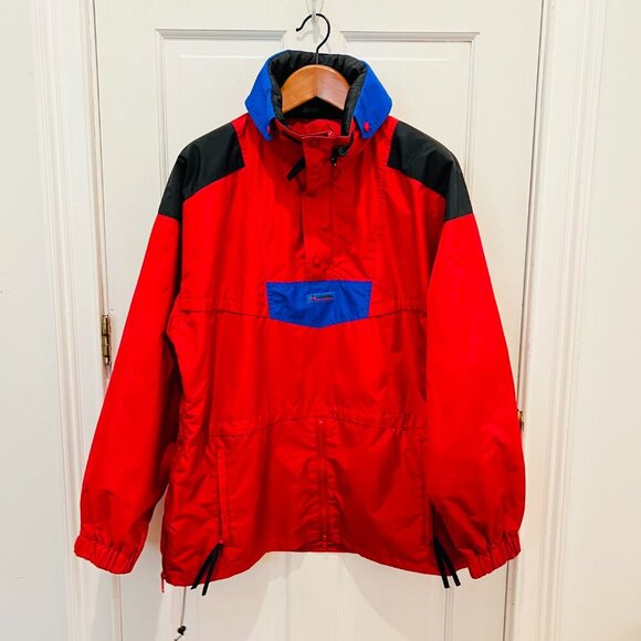 Vintage Colombia Pullover Anorak Jacket Coat  Men’s L Red Blue Kangaroo Pocket - Picture 12 of 16